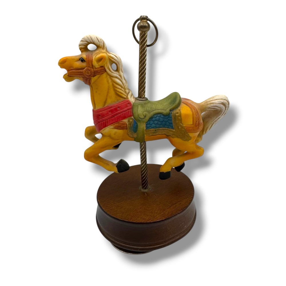 Meico Music Box Carousel Horse Gold Handcrafted Vintage Porcelain Wood‎ Base